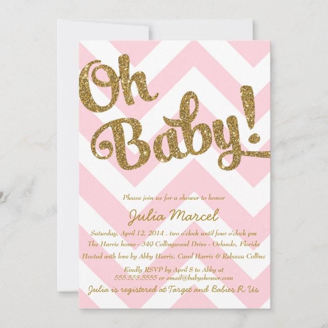 Glitter Baby Shower Invitation with Pink Chevron (Front)