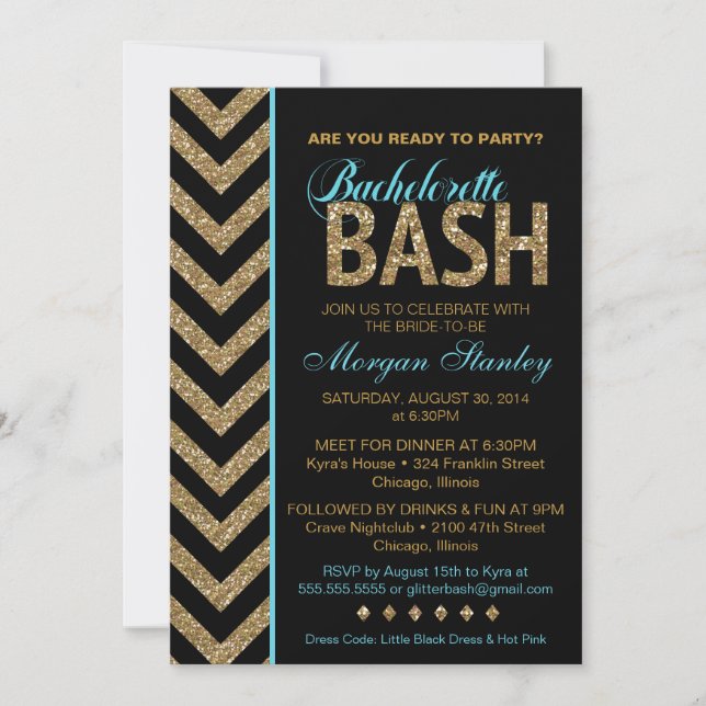 Glitter Bachelorette Bash Party Invitation BLUE (Front)