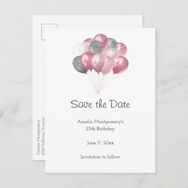 Glitter Balloon Bunch Pink and Silver Announcement Postcard (Front/Back)