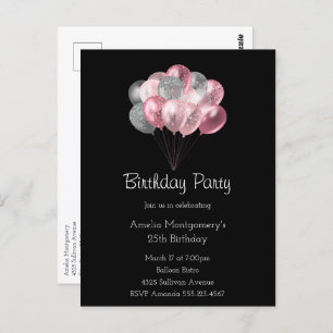 Glitter Balloon Bunch Pink and Silver Birthday Postcard