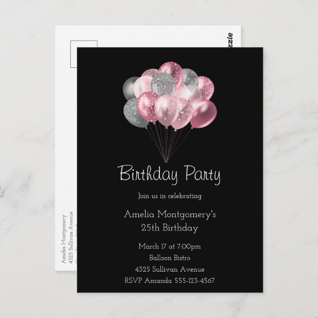 Glitter Balloon Bunch Pink and Silver Birthday Postcard (Front/Back)