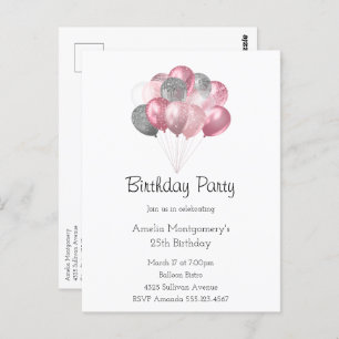 Glitter Balloon Bunch Pink and Silver Birthday Postcard