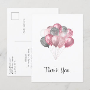 Glitter Balloon Bunch Pink and Silver Thank You Postcard