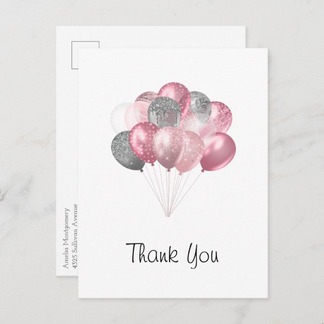 Glitter Balloon Bunch Pink and Silver Thank You Postcard (Front/Back)