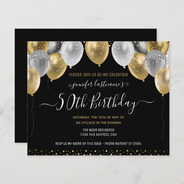 Glitter Balloons 50th Birthday Party Invitation (Front/Back)