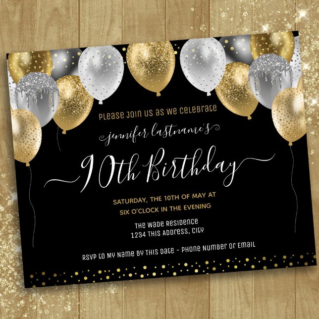 Glitter Balloons 90th Birthday Party Invitation (Creator Uploaded)