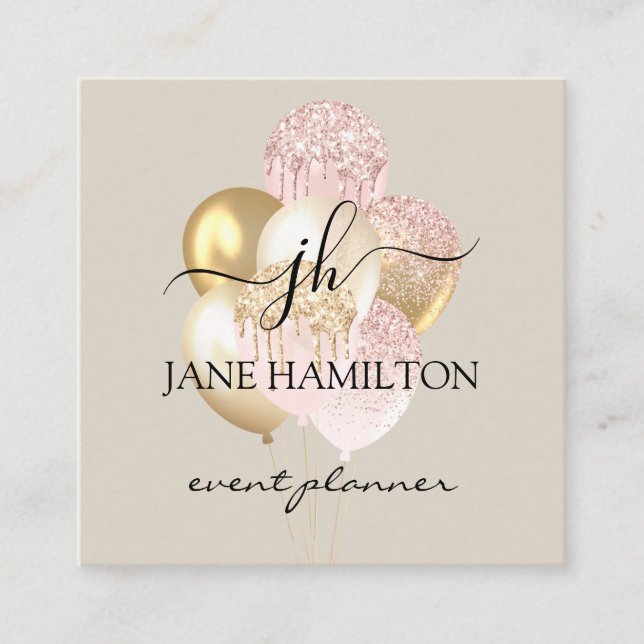 Glitter Balloons Event Planner Square Business Card (Front)