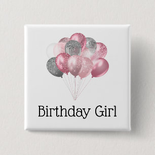 Glitter Balloons Pink and Silver Birthday Girl 15 Cm Square Badge