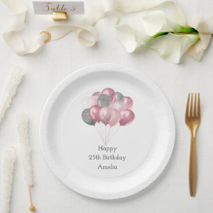 Glitter Balloons Pink and Silver Birthday Paper Plate