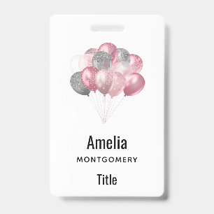 Glitter Balloons Pink and Silver ID Badge