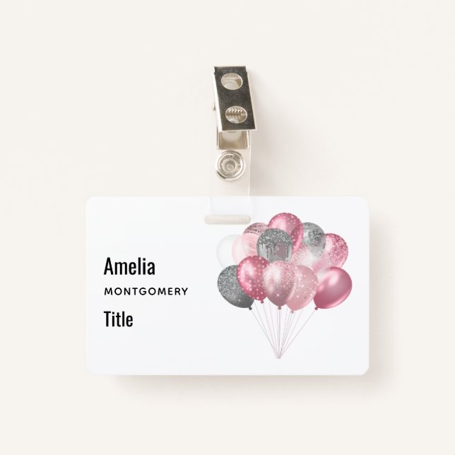 Glitter Balloons Pink and Silver ID Badge (Front with Clip)