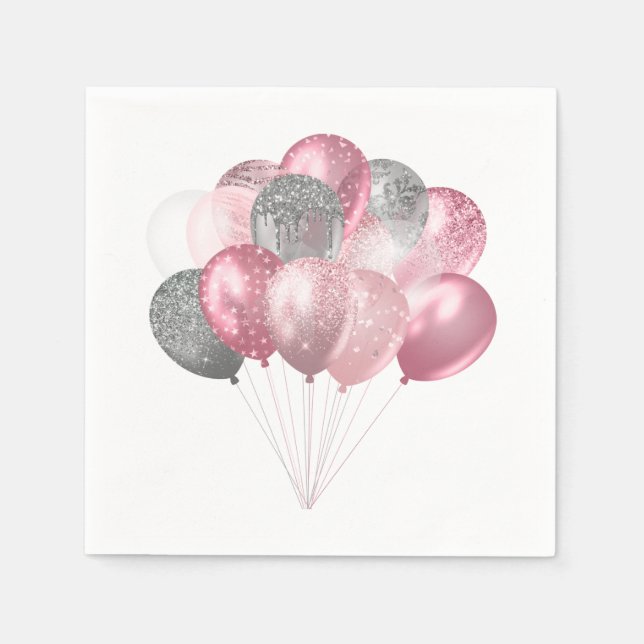 Glitter Balloons Pink and Silver Napkin (Front)