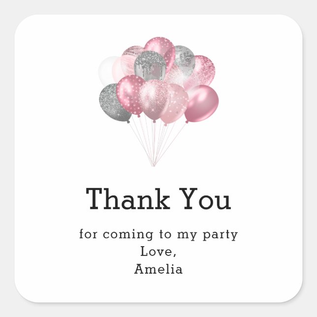Glitter Balloons Pink and Silver - Party Thank You Square Sticker (Front)