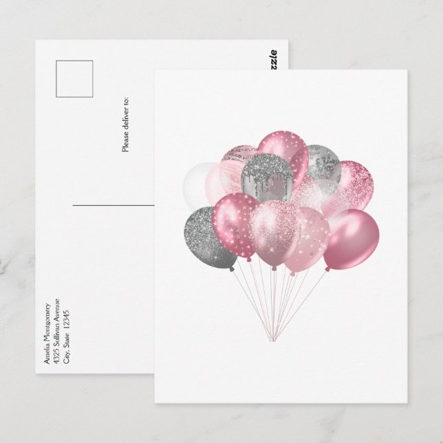 Glitter Balloons Pink and Silver Postcard (Front/Back)