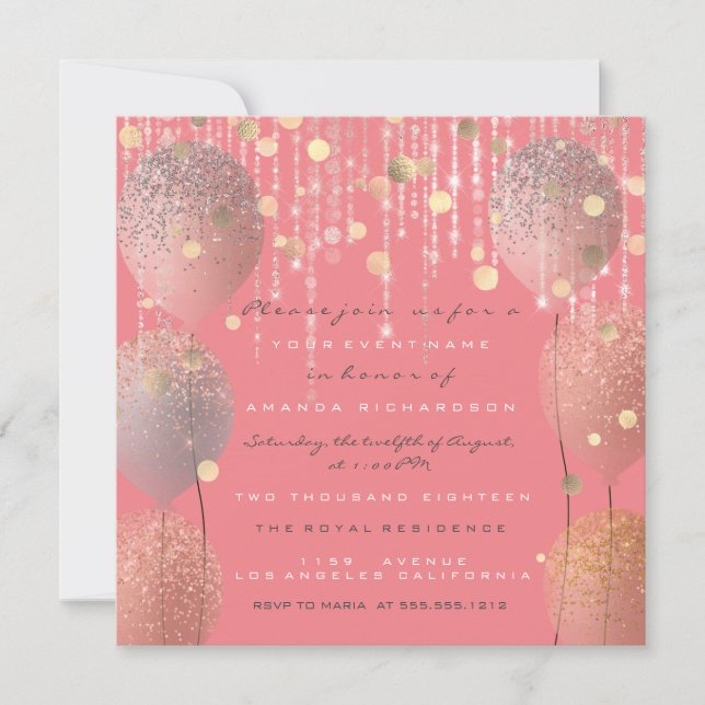 Glitter Balloons Rose Bridal Sweet 16th Coral Invitation (Front)