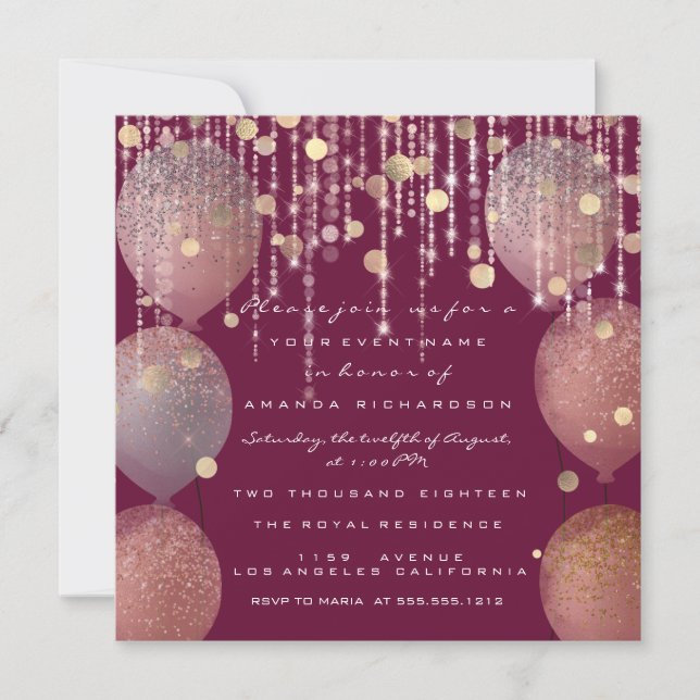 Glitter Balloons Rose Bridal Sweet 16th Marsal Invitation (Front)