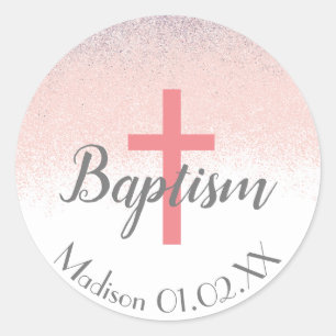 Glitter Baptism Cross Child's Name Classic Round Sticker