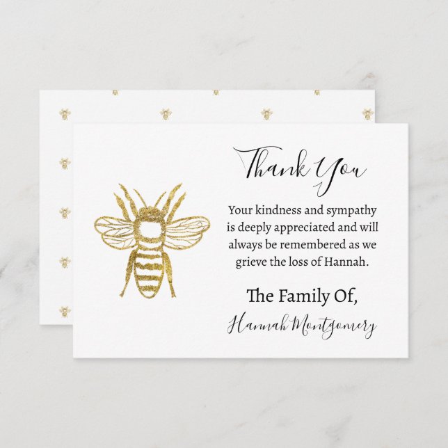 Glitter Bee Funeral Sympathy Thank You Card (Front/Back)
