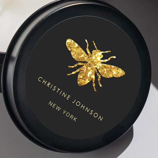 glitter bee logo on black classic round sticker (Creator Uploaded)