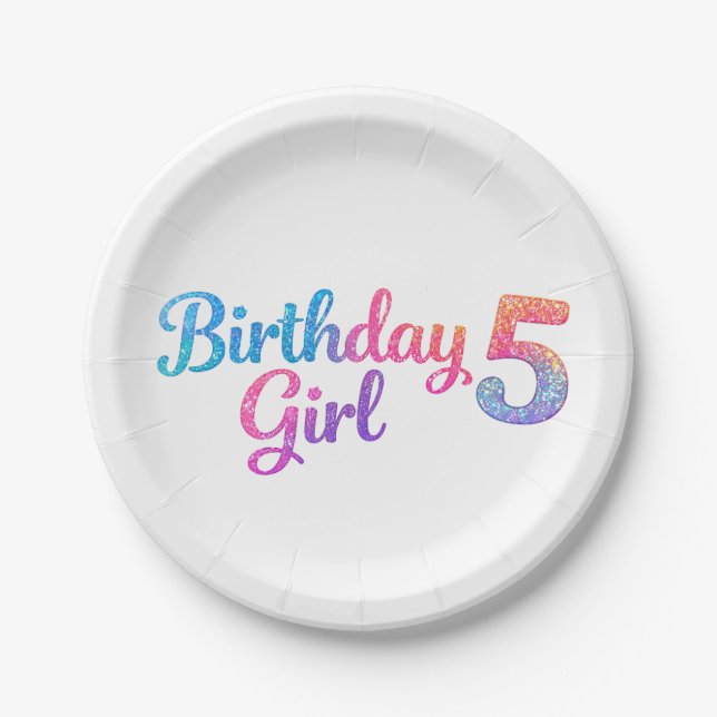 Glitter Birthday Girl 5 Party Plate (Front)
