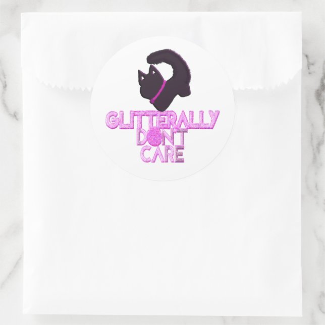 Glitter black cat don't care classic round sticker (Bag)