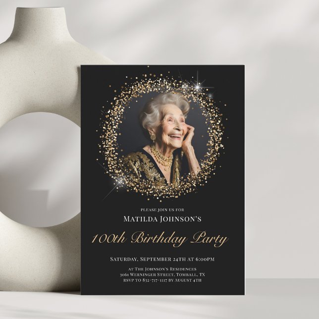 Glitter Black Gold 100th Birthday Party Invitation (Glitter Black Gold 100th Birthday Party Invitation)