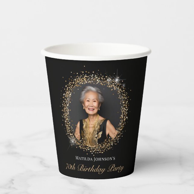 Glitter Black Gold 70th Birthday Paper Cups (Front)