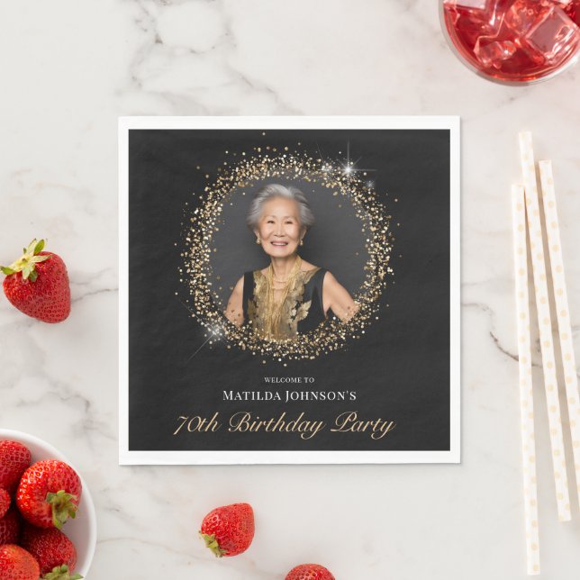 Glitter Black Gold 70th Birthday Party Napkin (Insitu)