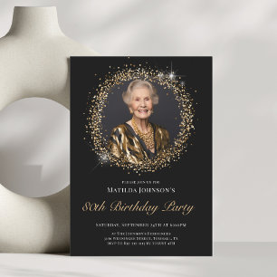 Glitter Black Gold 80th Birthday Party Invitation