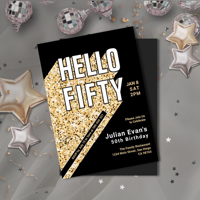 Glitter Black & Gold Bold Typography 50th Birthday Invitation (Glitter Black & Gold Bold Typography 50th Birthday Invitation)