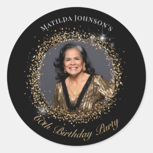 Glitter Black Gold Photo 60th Birthday Party Classic Round Sticker