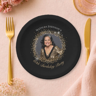 Glitter Black Gold Photo 60th Birthday Party Paper Plate