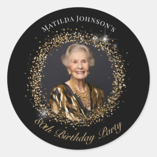 Glitter Black Gold Photo 80th Birthday Party Classic Round Sticker