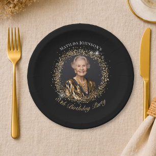 Glitter Black Gold Photo 80th Birthday Party Paper Plate