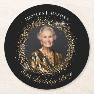Glitter Black Gold Photo 80th Birthday Party Round Paper Coaster