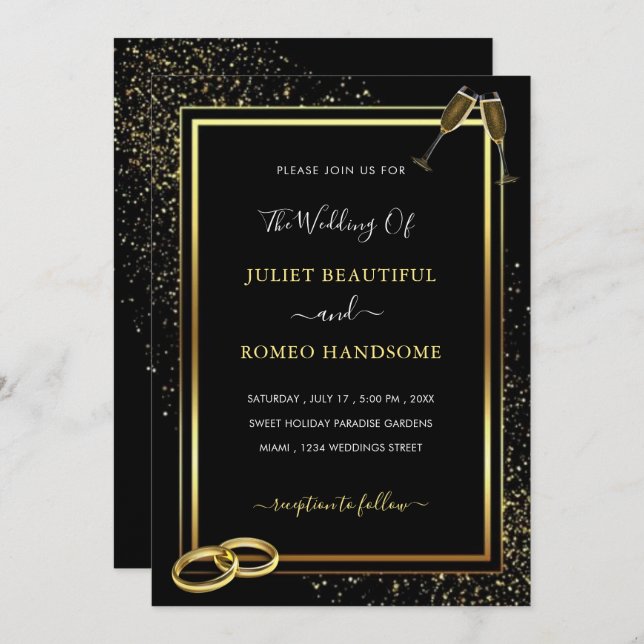 Glitter Black Gold Wedding Invitation Template (Front/Back)