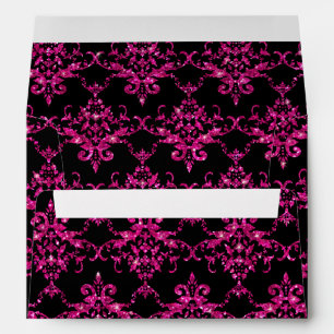 Glitter black hot pink damask pattern envelopes