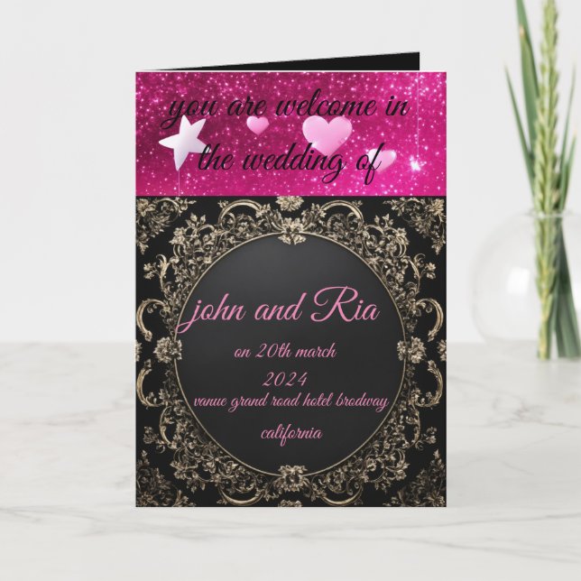 glitter black pink wedding invitation (Front)
