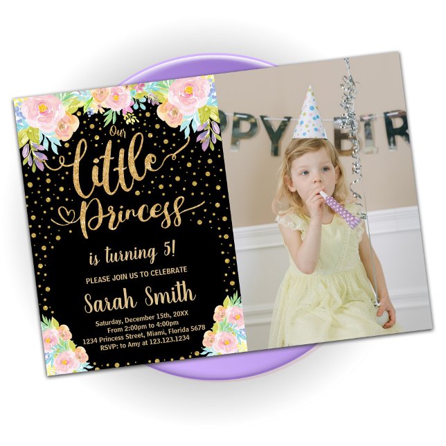 Glitter Black Princess Birthday Invitations Photo (Creator Uploaded)