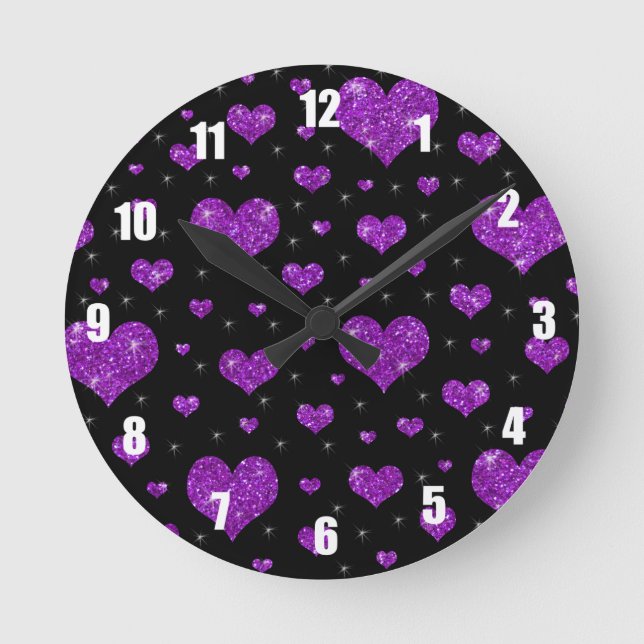 Glitter black purple hearts pattern round clock (Front)