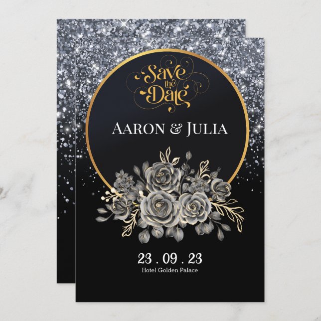 Glitter Black Rose Flowers Save the Date (Front/Back)