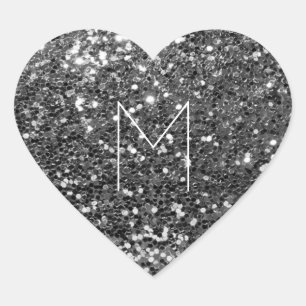 Glitter Black Silver Grey Metallic Minimal Monogra Heart Sticker