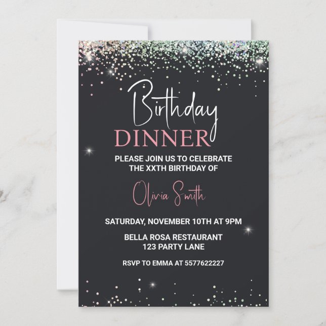 Glitter Black Sparkle Birthday Dinner Invitation (Front)