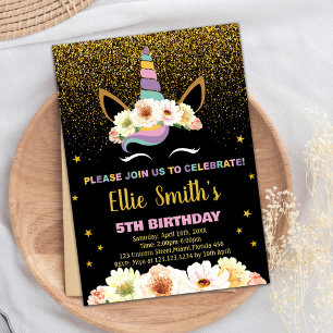 Glitter Black Unicorn Birthday Invitations