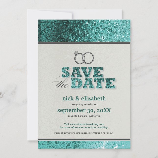 Glitter Bling Save the Date Announcement (aqua) (Front)