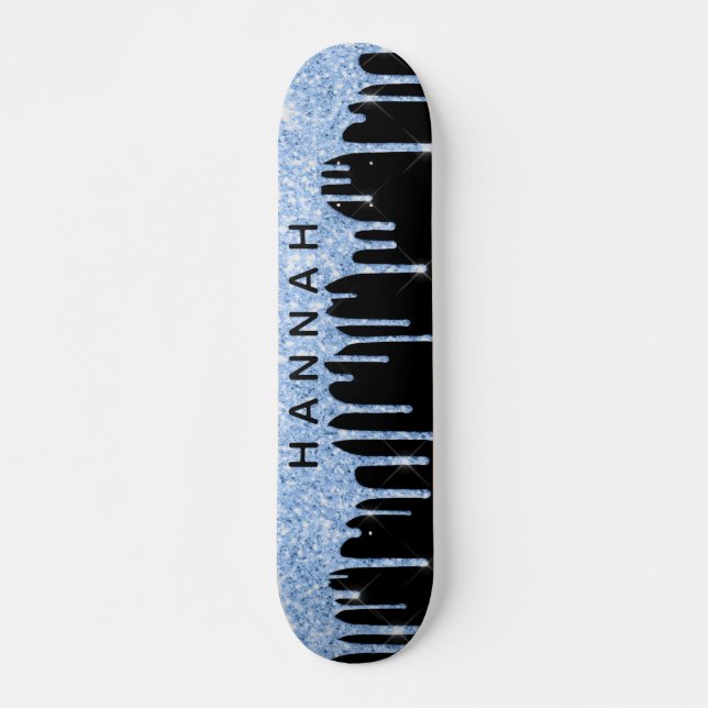 Glitter Blue Drips Personalised Black Skateboard (Front)