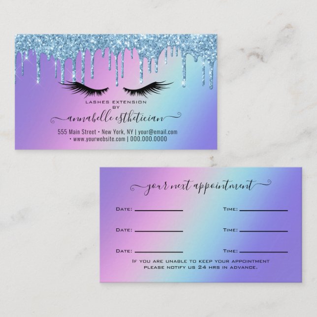 Glitter Blue Eyelash Extension Appointment  Busine Business Card (Front/Back)