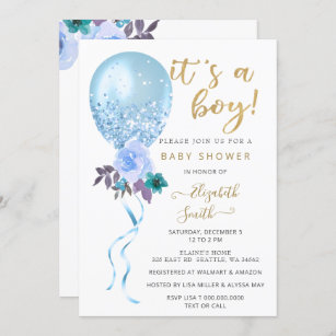 Glitter Blue Floral Balloon Boy Baby Shower Invitation