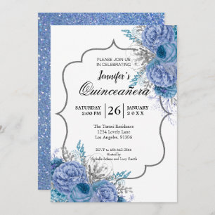 Glitter Blue Floral Quinceanera Invitation