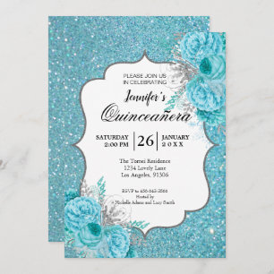 Glitter Blue Floral Quinceanera Invitation